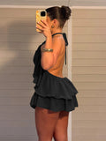Ruched Elegant 2 Piece Set Woman Tierred Design Halter Backless Irregular Tops+Mini Shorts Beach Party Style Suits