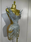 Sexy Strapless Mesh See Through Eveing Birthday Party Nightclub Stage Costume Women Sparkly Silver Rhinestone Sequins Mini Dress
