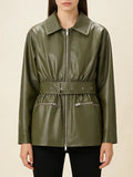 Simpel Basics Patchwork Belt Leather Jacekt for Women Lapel Long Sleeve Spliced Zippers Casual Office Coats Female