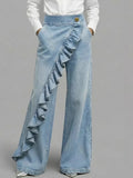 American Style Loose Irregular Splicing High Waisted A-line Wide Leg Jeans For Women Autumn