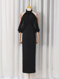 Award Ceremonies Black Halter Maxi Gown for Women Deep V Neck Sheer Cape Sleeves Backless Chiffon Skirts for Formal Galas