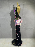 3D Floral Rhinestone Halter Maxi Bodysuit Dress Women Deep V Mesh See-Through Long Gown Carnival Rave Festival Performance Costume