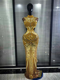Gold Luxury Long Dress Rhinestones Women Singer Mirror for Celebrity Evening Party Catwalk Prom Outfit Stage Photo Shoot Dresses