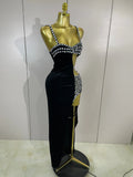 Sexy Photo Shoot Outfit Sparkly Diamonds Side Slit Black Velvet Bodycon Long Dress Women Evening Party Nightclub Stage Costumes