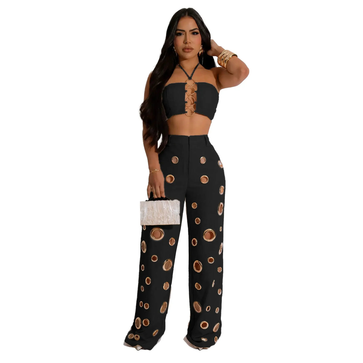 Women Set Sleeveless Strapless Tops +Wide Leg Pants Two 2 Piece Set Hole Hollow Out Outfit Summer Sexy Street Tracksuit