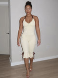 Contrast Color Bandage Playsuits Woman Halter Low-Neck Backless Sleeveless Ruffles High Street Fashion Style Rompers