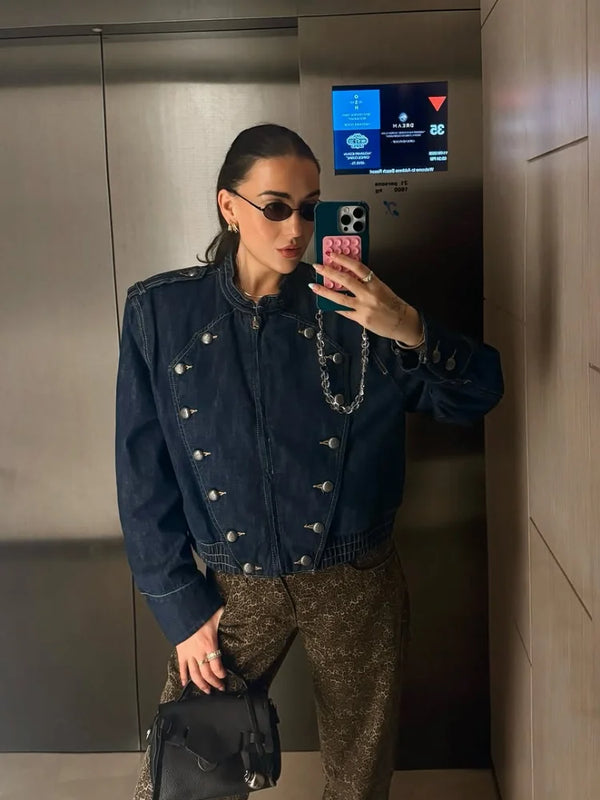 Women Retro Military Style Cropped Denim Jacket Epaulet Decor Double Row Buttons Zip Up Long Sleeve Short Coat 2026 New Fashion