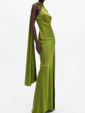 Elegant Satin Halter Floor length Dress for Women Draped Scarf Detail Sleeveless Fitted Column Mermaid Evening Party Gown