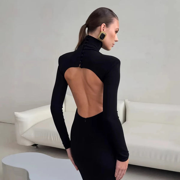 Black Turtleneck Backless Maxi Dresses Female Long Sleeve Slimming Minimalist High End Style for Luxury Cocktails