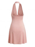 Vacation Pink Backless Mini Dress Female Plunge Neck Sleeveless Slimming Asymmetrical Hem for Urban Street Style