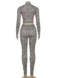 Leopard Letter Tracksuit Women 2 Piece Set Y2K Zip Crop Jacket+Metal Sash Leggings Sporty Matching Stretch Streetwear