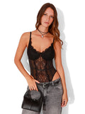 Sexy Lace Patchwork Bodysuit Women Solid V-neck Sleeveless High Waist Slim Perspective Sling Top Lady New Chic Corset Bodysuits