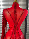 Black Red Women Sexy One Shoulder Shinning Crystal Sequins Tassels Bodycon Mid-calf Dress Nightclub Party Bar Dancer Costumes