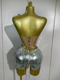 Luxury Sparkly Gold Diamonds Sequins Crop Top Shorts Two Pieces Set Women Sexy Evening Party Birthday Nightclub Stage Costume