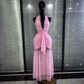 Pink Color Women Sexy Halter Off the Shoulder Draped Bodycon Long Maxi Dress Birthday Party Summer Vacation Celebrate Clothing