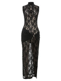 Sexy Solid Dress Women 2025 Summer Sleeveless Lace High Stretch Midnight club Asymmetrical Graphics Metal Knot Slit