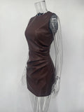 Sleeveless Leather Maxi Dress For Women Tight Pleated Sexy Hip-Hugging Dress Vestido Solid High Waist Party Female Dress