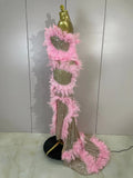 Women Sparkly Sequins Pink Feather Mesh Sleeveless Mermaid Maxi Dress Evening Party Birthday Night Club PromGown Sexy Stage Wear