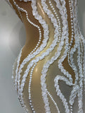 Women Luxury White Pearl Sequines Mesh Transparent Long Dress Club Elegant Evening Party Dress Birthday Photoshoot Clothing