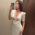 Sexy Hollow Lace Dress Women's Fashion Short Sleeve Elegant High Waist Slim Print Dress Summer Party Club Clothes Female