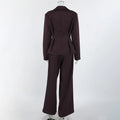 Solid Office Suit for Women Deep V Neck Long Sleeve Spliced Single Button Blazer Wide Trousers Two Piece Set Female