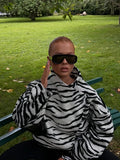 Chic Retro Zebra Print Cropped Jacket Trendy Oblique Placket Stand Collar Loose Fit Coat Lady Daily Street Party Outerwear