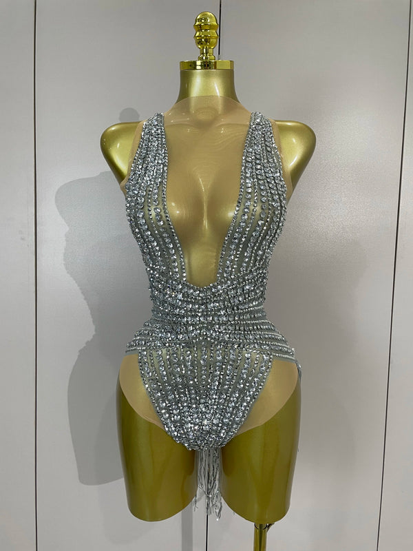 Luxury Sparkly Silver Diamonds Tassel Mesh Sheer Bodysuits Eveing Birthday Party Latin Dancer Bar Nightclub Sexy Stage Costume
