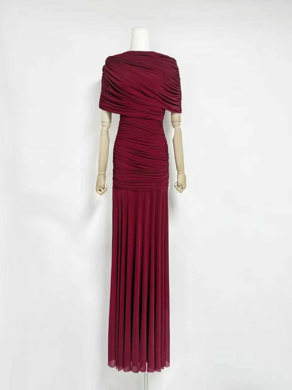 Luxury Galas Event Black Sheer Mesh Ruched Maxi Dress for Women O Neck Short Sleeves Bodycon Silhouette Skirt for Red Carpet