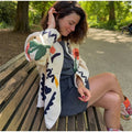Colorful Flower Printed Pattern Cardigan Women O Neck Long Sleeves Patch Pockets Loose Short Coat Women Daily Commute Outwear