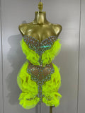 Sexy Sparkly Diamonds Strapless Mesh Ruffled See Through Mini Dress Women Eveing Party Birthday Nightclub Bar Stage Show Costume