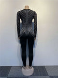 Sparkle Black Rhinestone Long Pants Jumpsuits Womens Autumn Long Sleeve Crystal Rompers Nightclub Outfits Clubwear
