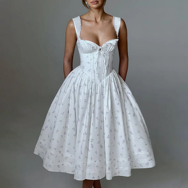 Hit Color Printing Spliced Lace Up Dresses for Women Square Neck Sleeveless High Waist Dresses Female Fashion