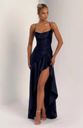 Sexy Satin Long Dress Luxury Ruffles Backless Bandage Evening Dresses Red Burgundy Blue Wedding Guest Cocktail Party Summer New
