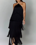 Solid Spliced Tassel Dresses for Women Halter Sleeveless High Waist Temperament Dresses Female Fashion New