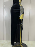 Sexy Photo Shoot Outfit Sparkly Diamonds Side Slit Black Velvet Bodycon Long Dress Women Evening Party Nightclub Stage Costumes