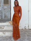 Women Sheer Lace Satin Mermaid Maxi Gown High Neck Long Sleeve Cutout Back Slim Fit Robe Formal Wedding Party 2026New Hot Gowns