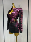 Women Long Sleeve Sequin Mini Bodycon Three Piece Set Birthday Evening Party Costume Bar Nightclub Performance Stage Outfit