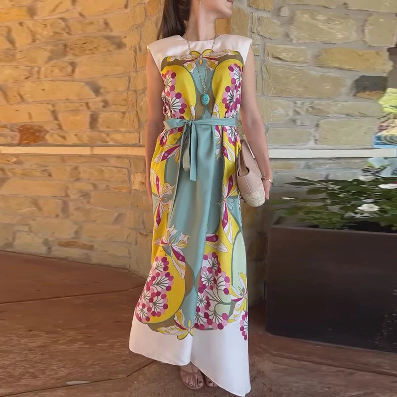 Vintage Women's Printed Long Dresses Loose O-neck Flared Half Sleeve Big Hem Wide Female Dresses 2026 Summer Lady Elegant Robes