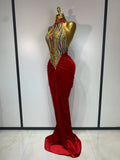 Sparkly Rhinestone Velvet Maxi Long Dress For Woman Sexy Backless Luxury Birthday Dress Evening Party Nightclub Stage Costume