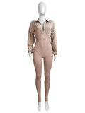 Washed Distressed Jumpsuit Women Ribbed V-Neck Solid SKinny Long Sleeve Fall Casual Trend Simple Activity Streetwear
