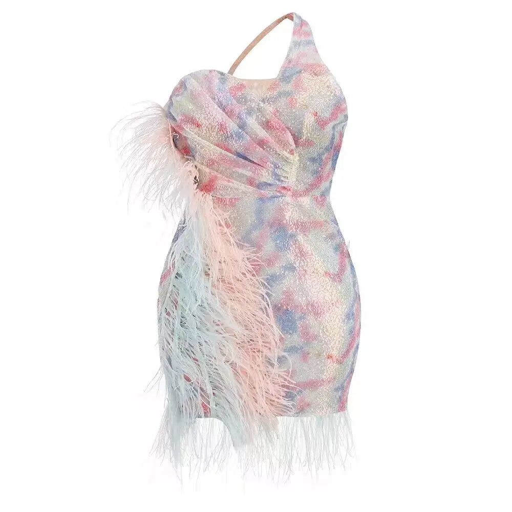 Women's Gorgeous Feather Gradient Sequin One-shoulder Ultra-short Dress Fashion Hot Party Evening Performance Gown Show Costumes