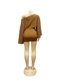 Sexy 2 Piece Set Women Skew Collar Loose Crop Tops+Ruched Knot Ribbon Skirt Matching Beach Vacation Party Club Suit