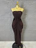 Elegant Brown Strapless Bodycon Maxi Dress Women Sexy Ruched Waist Draped Skirt Outfit Date Night Party Costume