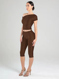 Sexy Irregular Knot 2-Piece Set Women Diognal Collar Crop Top+Capri Pants Stylish Solid Hottie Street Slim Outfits
