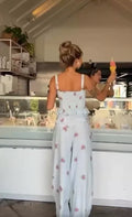 White Floral Print Two Piece Set Spaghetti Strap Ruffle Corset Top Strap Wide Leg Pants 2026 Summer Street Casual Women Outfit