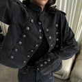 Cropped Denim Jacket Women Stand Collar Bell Sleeves Double Breasted Splicing Retro Fashion Biker-Style Coat Autumn 2026