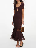 Romantic Dates Brown Ribbed Knit Mermaid Dresses for Women U Neck Short Sleeve Lace Trimmed Midi Skirt for Office Commute