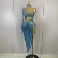 Sexy Latin Dance Outfits Sparkly Diamond Blue Rhinestone Mesh One Shoulder Tassel Dress Eveing Party Bar Nightclub Stage Costume