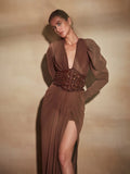 Women Brown Beaded Corset Design Maxi Dress V Neck Long Sleeves Waist Cinching Slim Dresses Fashion Evening Party Gowns