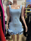 Available In Multiple Colors With Halter Straps, Rhinestones, Floral Trims, Tight Waist-Cinching Mini Skirt, And a Figure-Hug